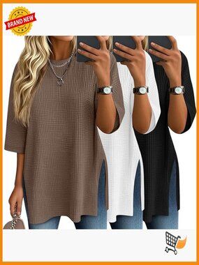 3-Pack Womens Oversized Waffle Knit 3/4 Sleeve Tops Crewneck Loose Blouses with